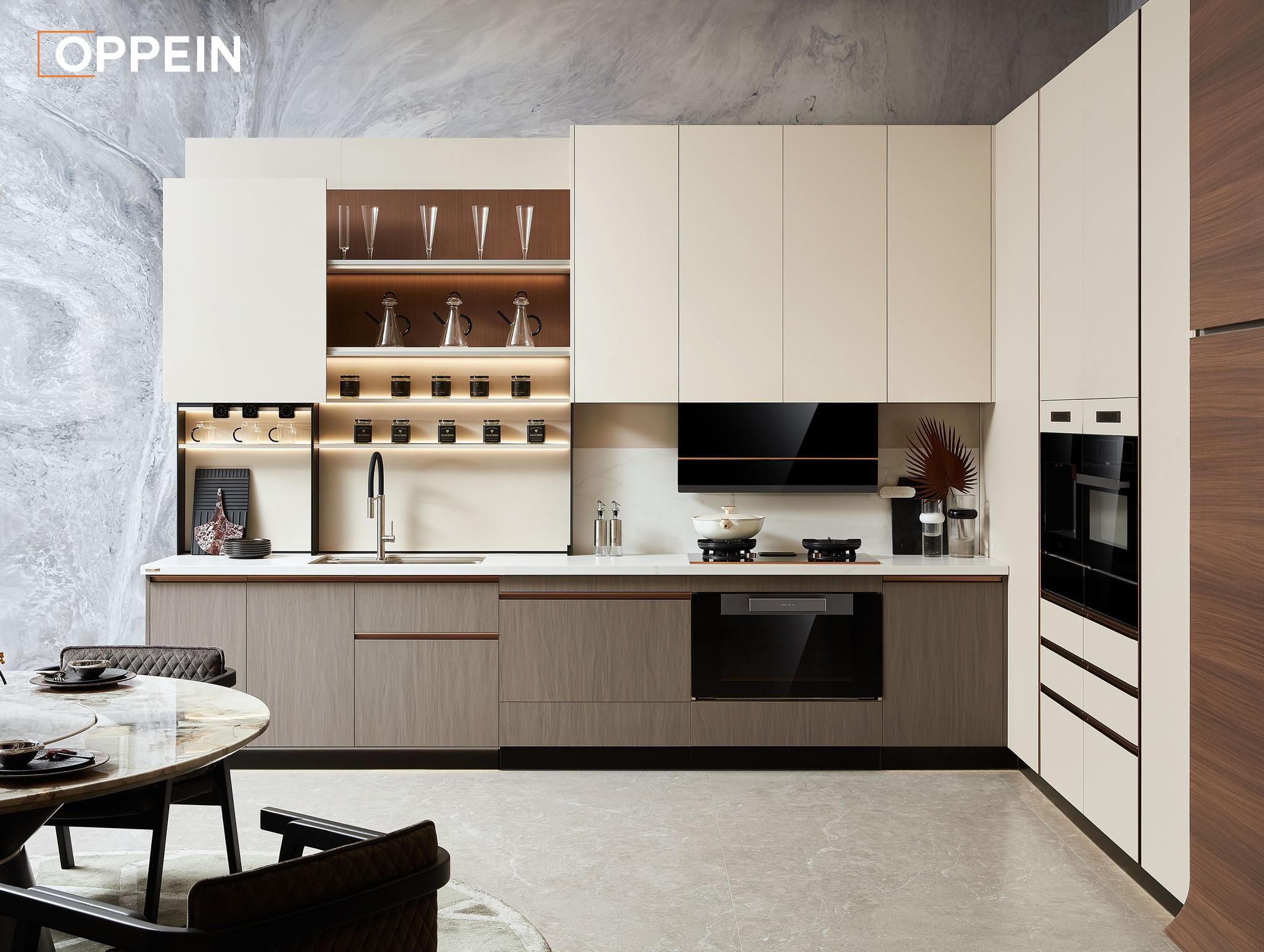 Modern Minimalist Beige Handleless Kitchen Cabinets for Sale by OPPEIN Kenya